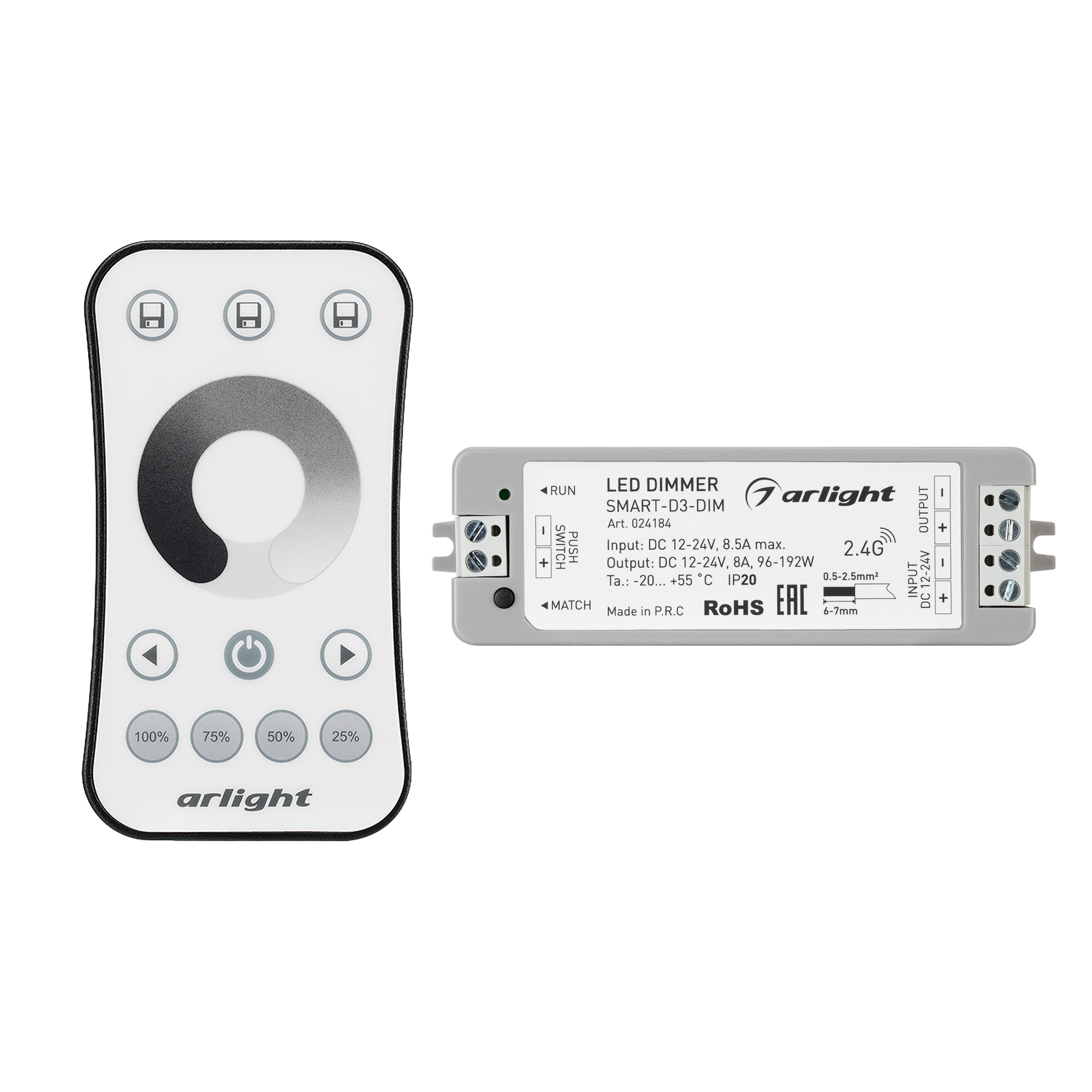 Диммер SMART-DIM-SET-RING (12-24V, 1x8A, ПДУ 2.4G) (Arlight, IP20 Пластик, 5 лет)