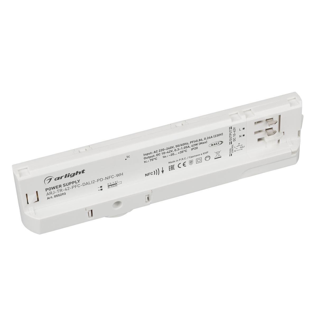 Блок питания для трековых систем ARJ-TR-42-PFC-DALI2-PD-NFC-WH (42W, 10-42V, 0.3-1.05 A, 4TR) (Arlight, IP20 Пластик, 5 лет)
