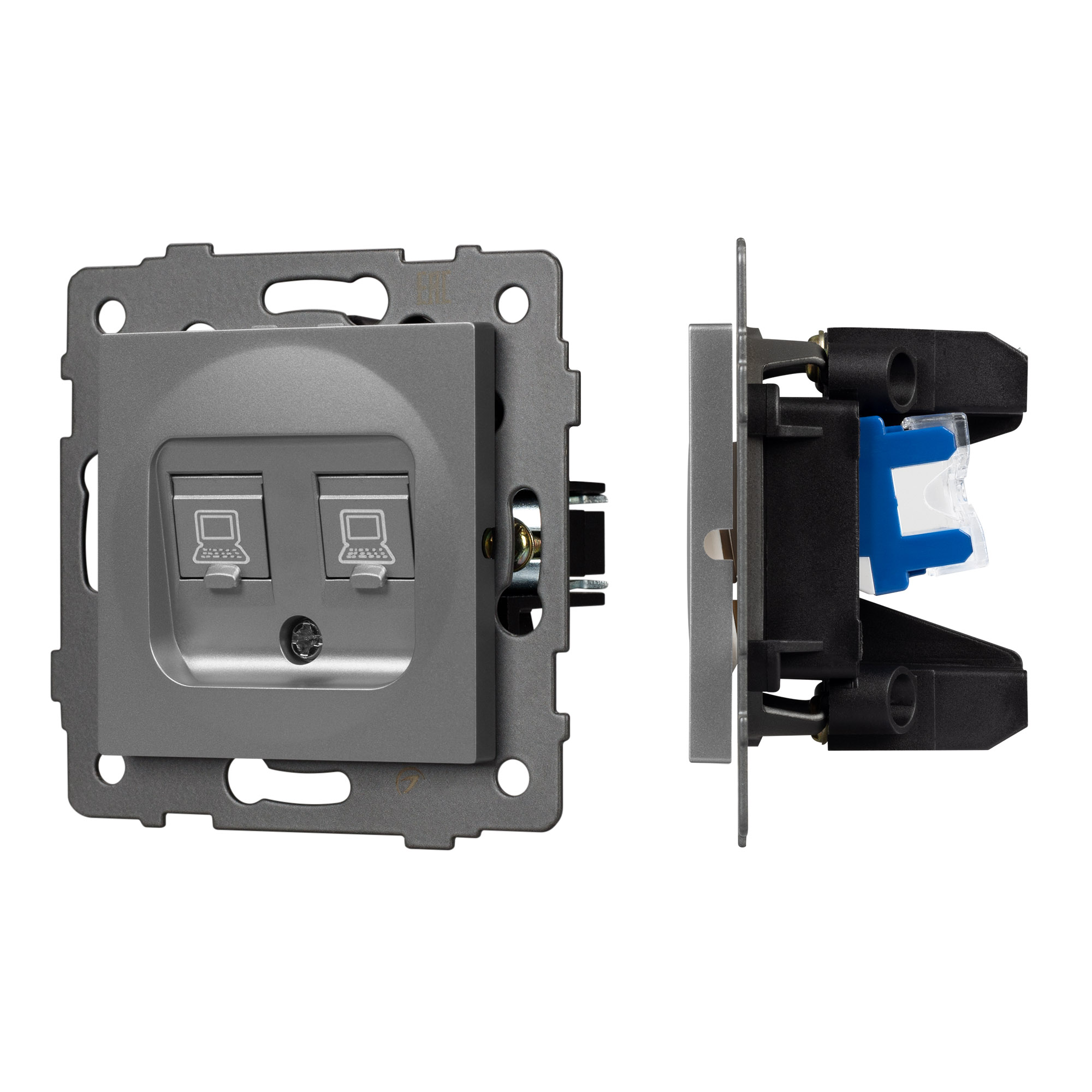 Механизм компьютерной розетки двойной SCT-MPC2-PL-GR-V (RJ-45, CAT6) (Arlight)