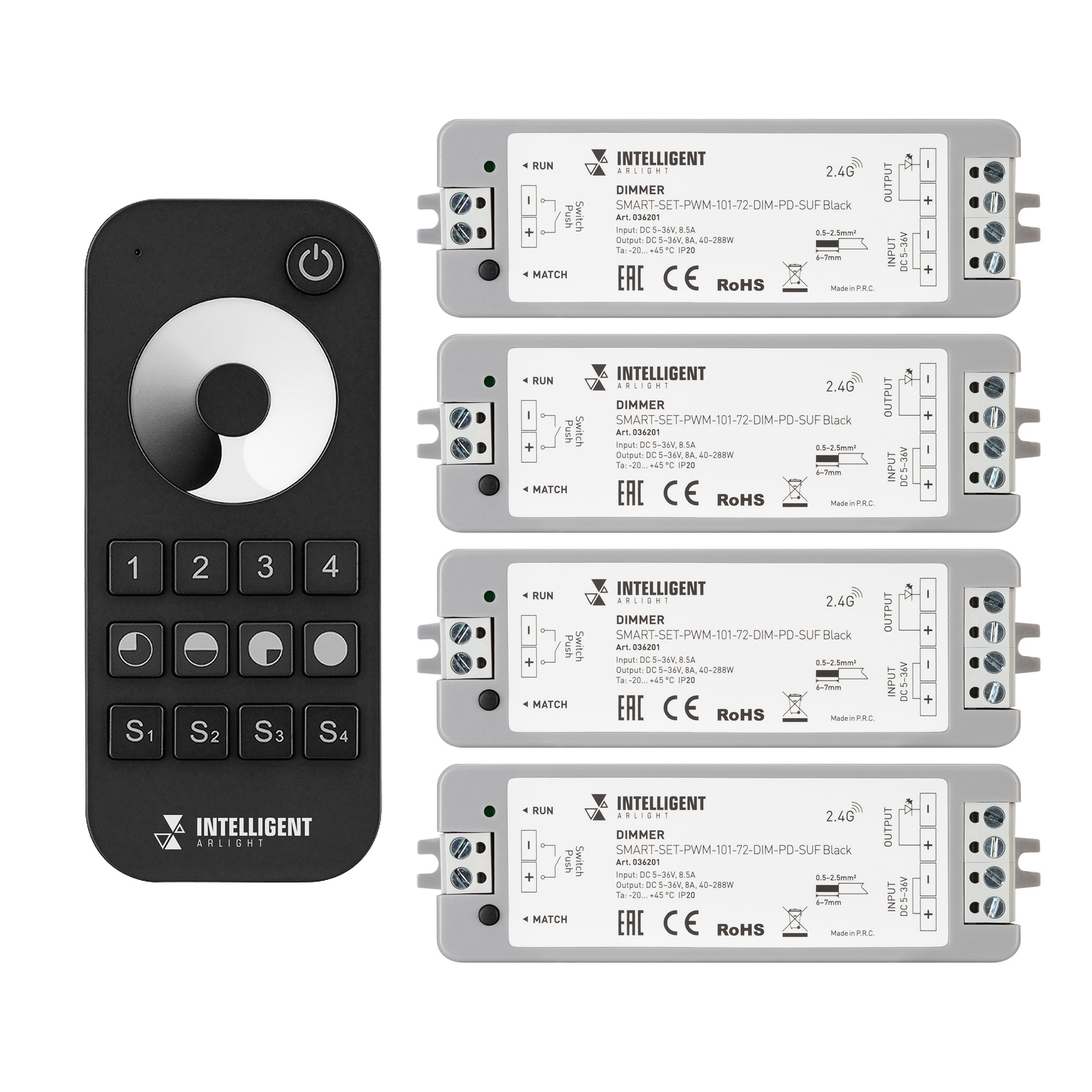 INTELLIGENT ARLIGHT Диммер SMART-SET-PWM-101-72-DIM-PD-SUF Black (5-36V, 1x8A, x4, ПДУ 13кн, 2.4G) (IARL, IP20 Пластик, 5 лет)