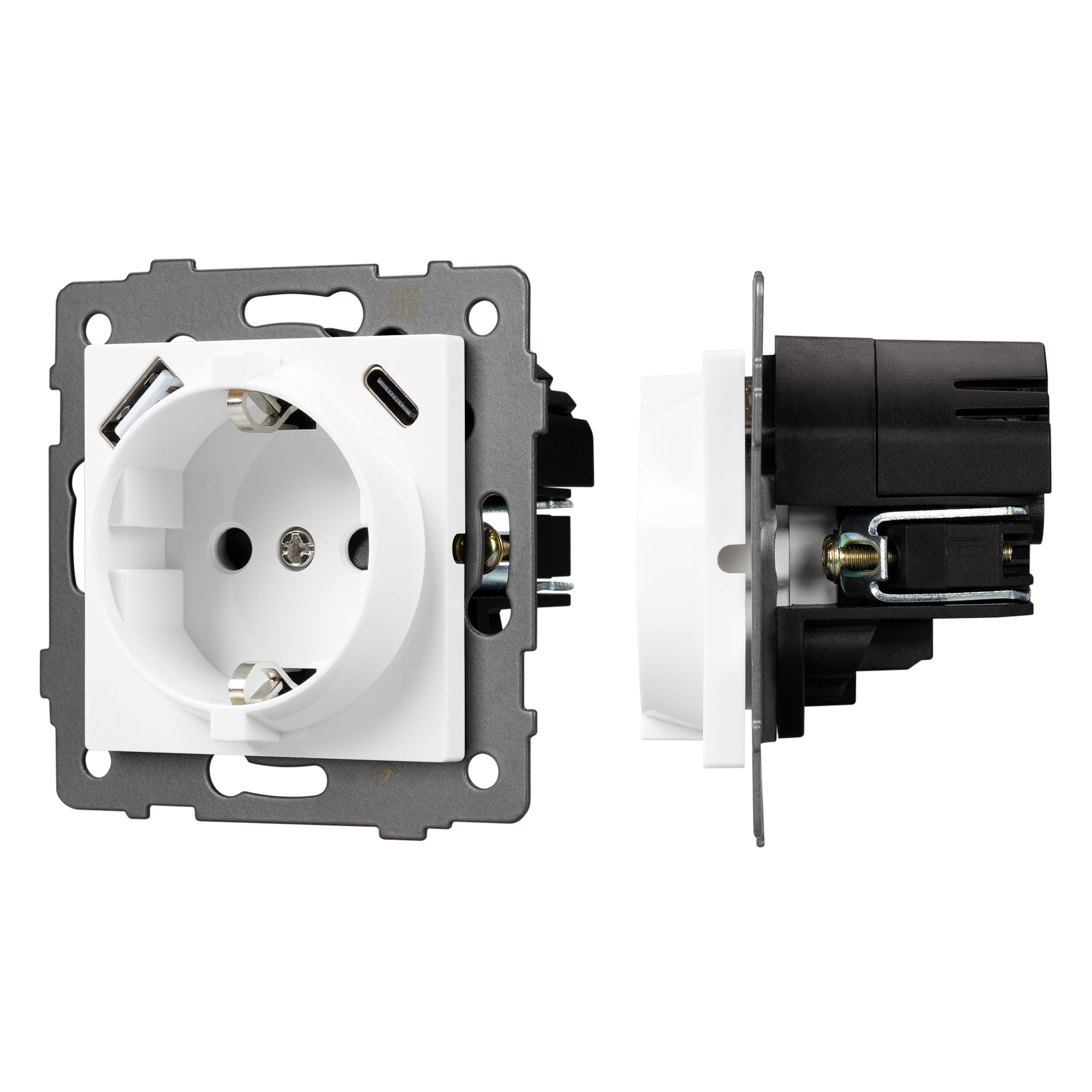 Механизм розетки с быстрой USB зарядкой SCT-MUAC-PL-WH-V (250V, 16A) (Arlight)