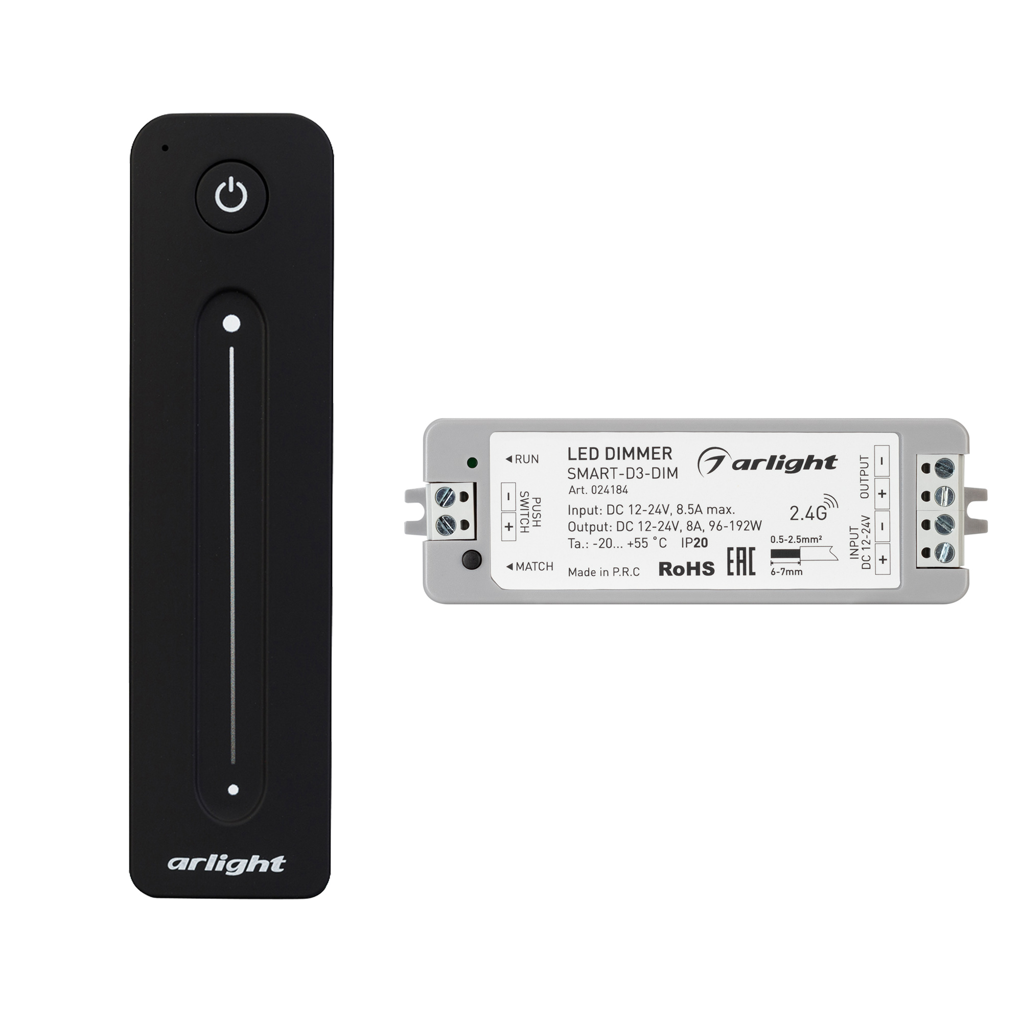 Диммер SMART-DIM-SET-LINE (12-24V, 1x8A, ПДУ 2.4G) (Arlight, IP20 Пластик, 5 лет)