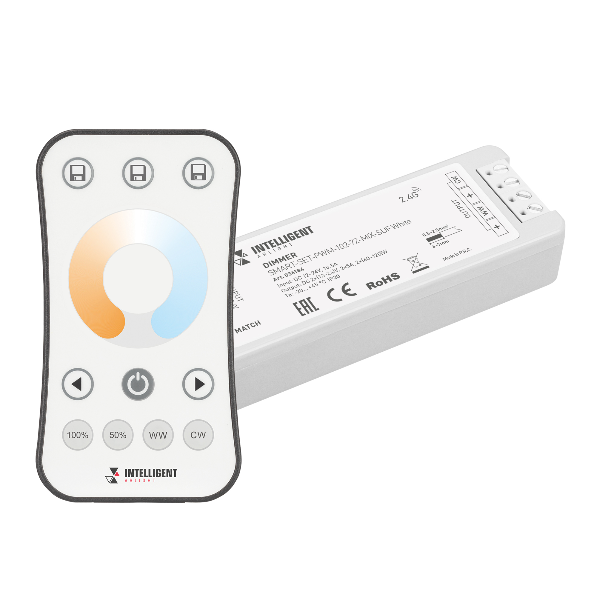 INTELLIGENT ARLIGHT Диммер SMART-SET-PWM-102-72-MIX-SUF White (12-24V, 2x5A, ПДУ RING 10кн, 2.4G) (IARL, Контроллер)