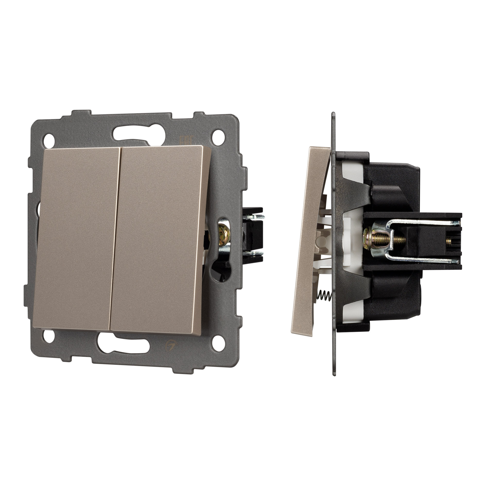 Механизм выключателя двухклавишный самовозвратный SWT-MKR2-PL-GD-V (250V, 10A) (Arlight)